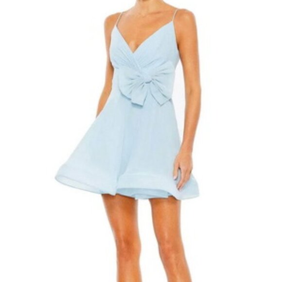 Ieena Mac Duggal Powder Blue Faux Wrap Bow Detail Flowy Mini Dress